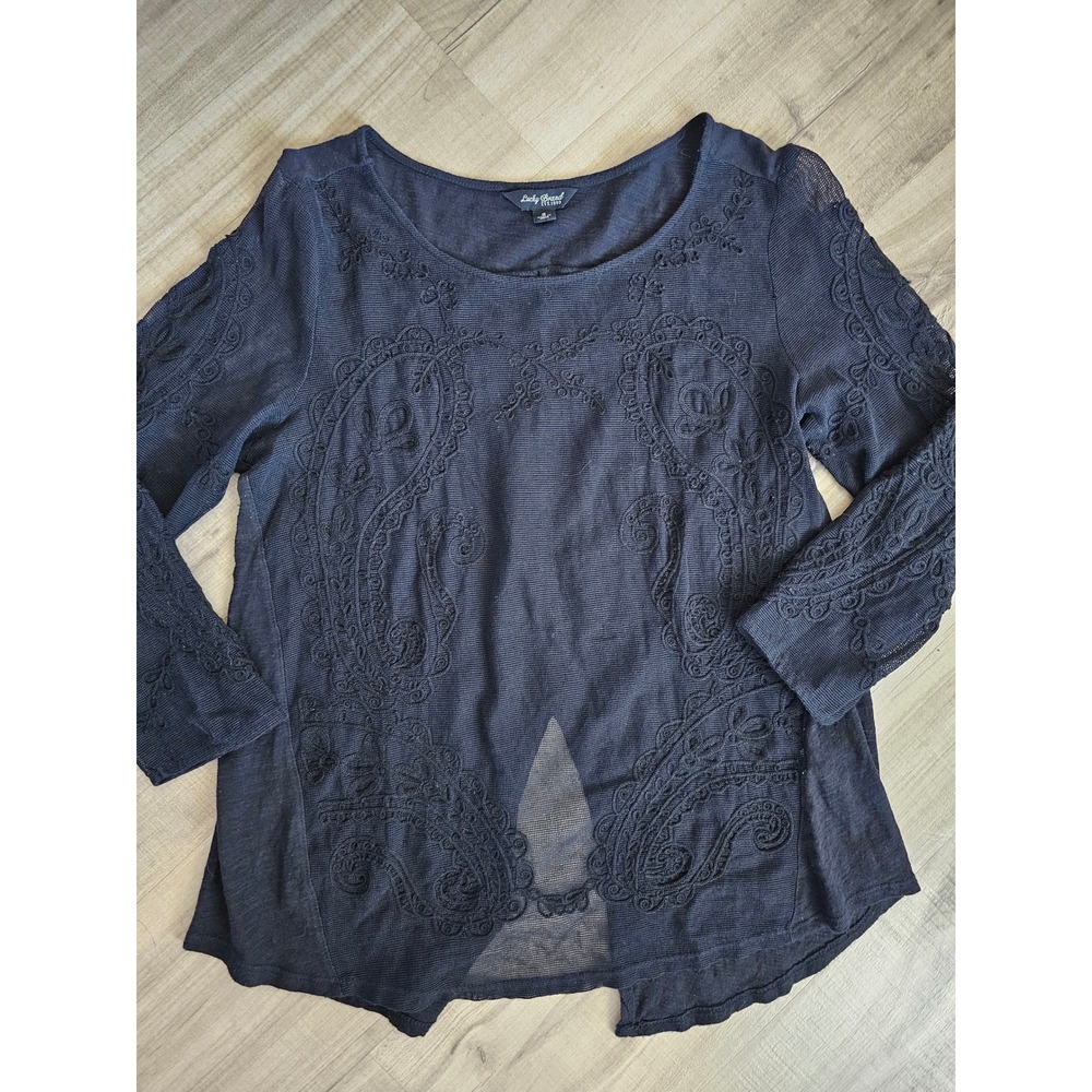 Lucky Brand Black Embroidered Split Back Knit Top Womens Small 3/4 Sleeve Boho